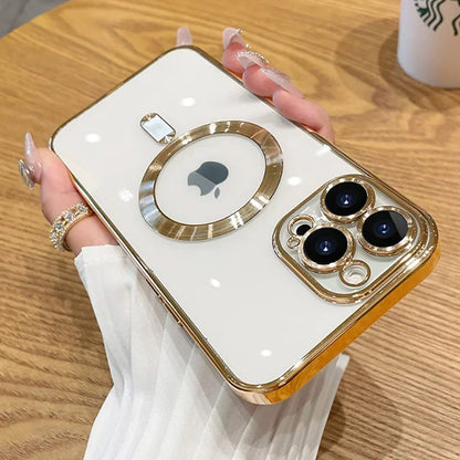 Luxury Plating For Magsafe Magnetic Case For iPhone 16 15 14 13 12 11 Pro Max Plus Wireless Charging Cover With Lens Protector